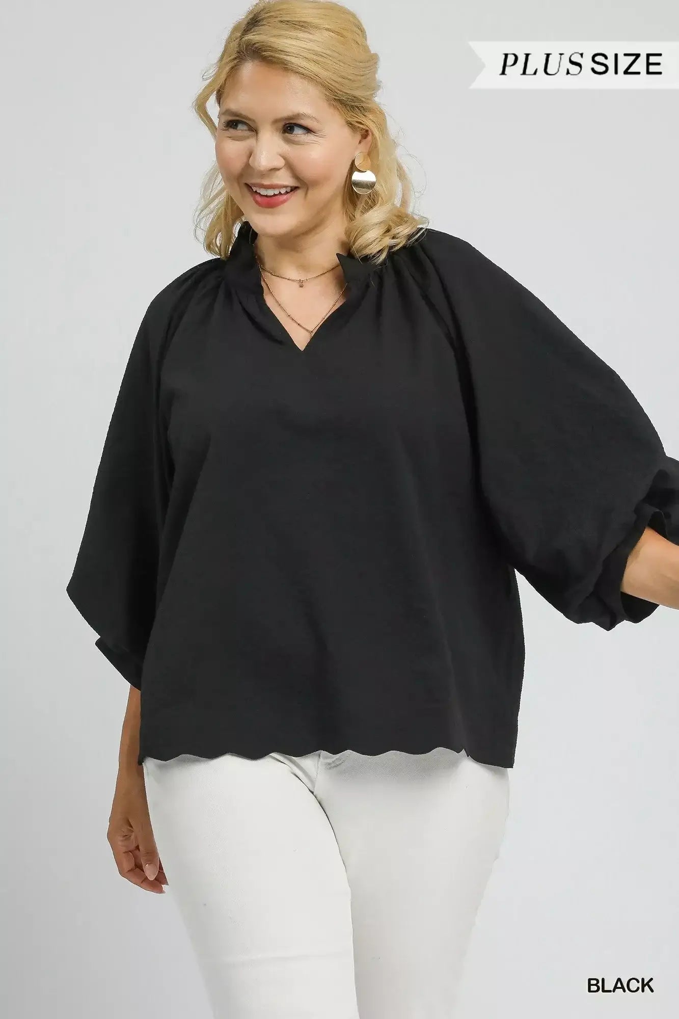 Umgee Full Size Textured Notched Balloon Sleeve Blouse Plus Size - Sleeve Blouse Plus Size