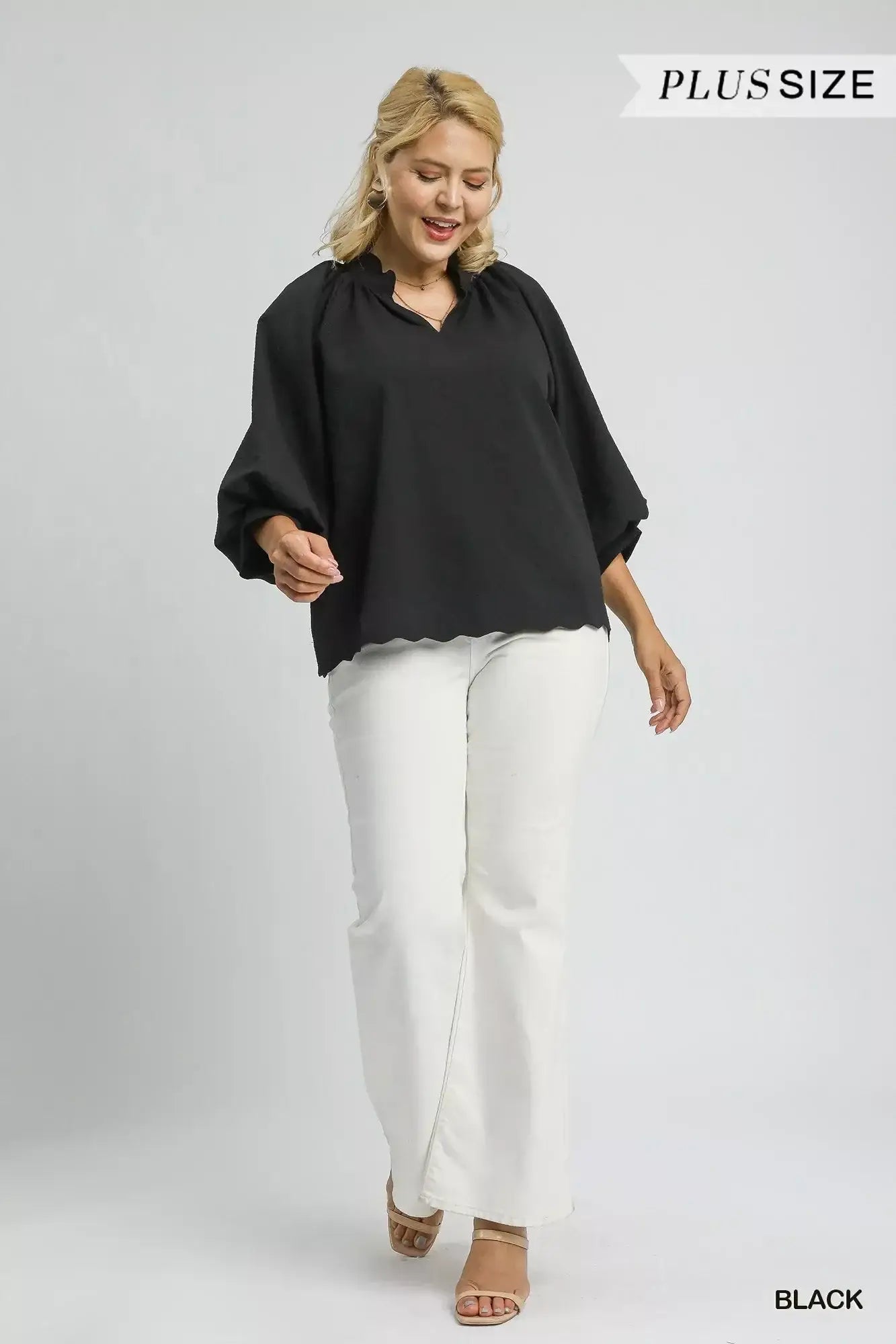 Umgee Full Size Textured Notched Balloon Sleeve Blouse Plus Size - Sleeve Blouse Plus Size