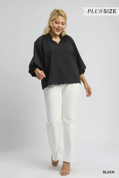 Umgee Full Size Textured Notched Balloon Sleeve Blouse Plus Size - Sleeve Blouse Plus Size