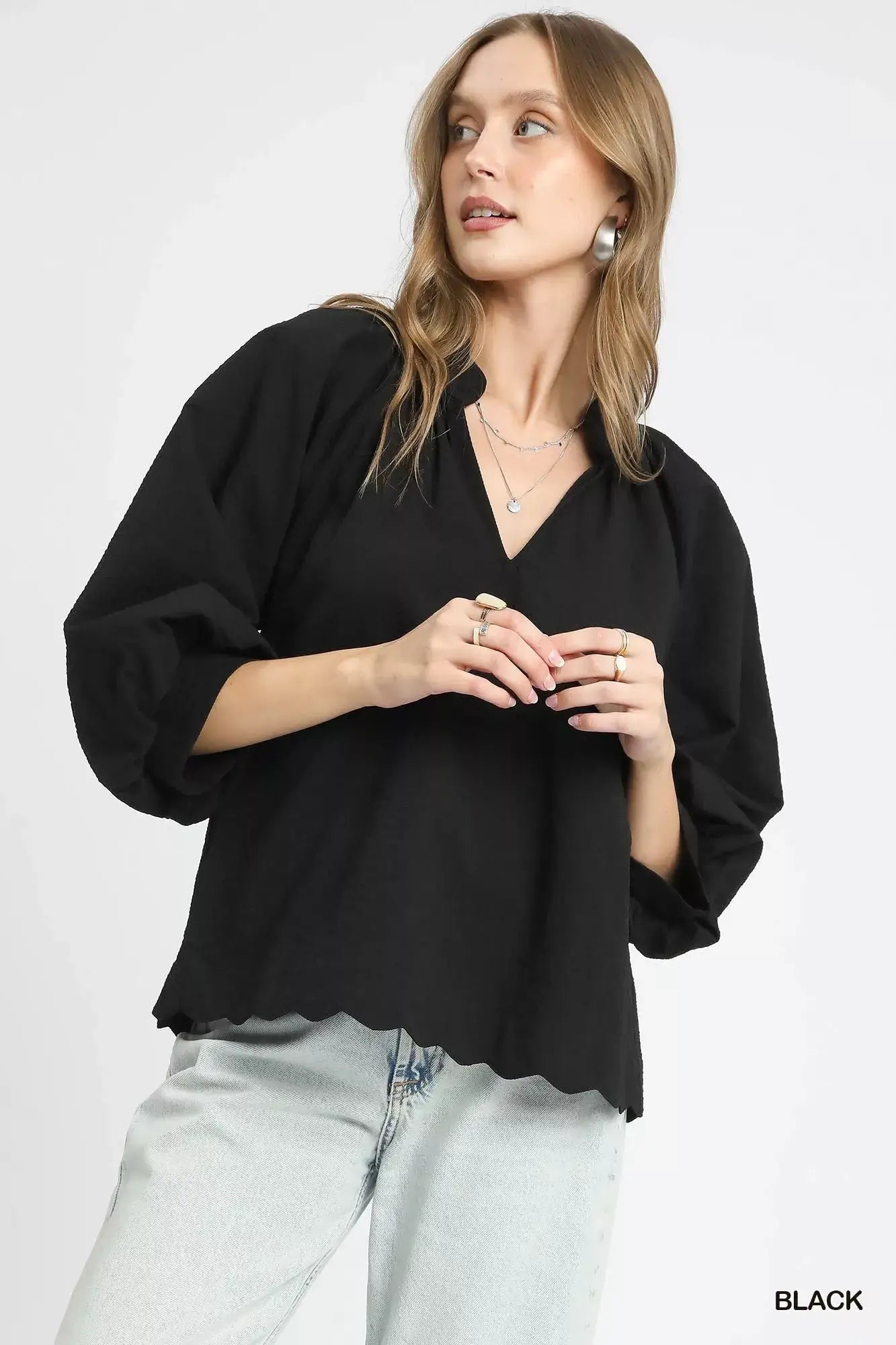 Umgee Full Size Textured Notched Balloon Sleeve Blouse Plus Size - Black / S - Sleeve Blouse Plus Size