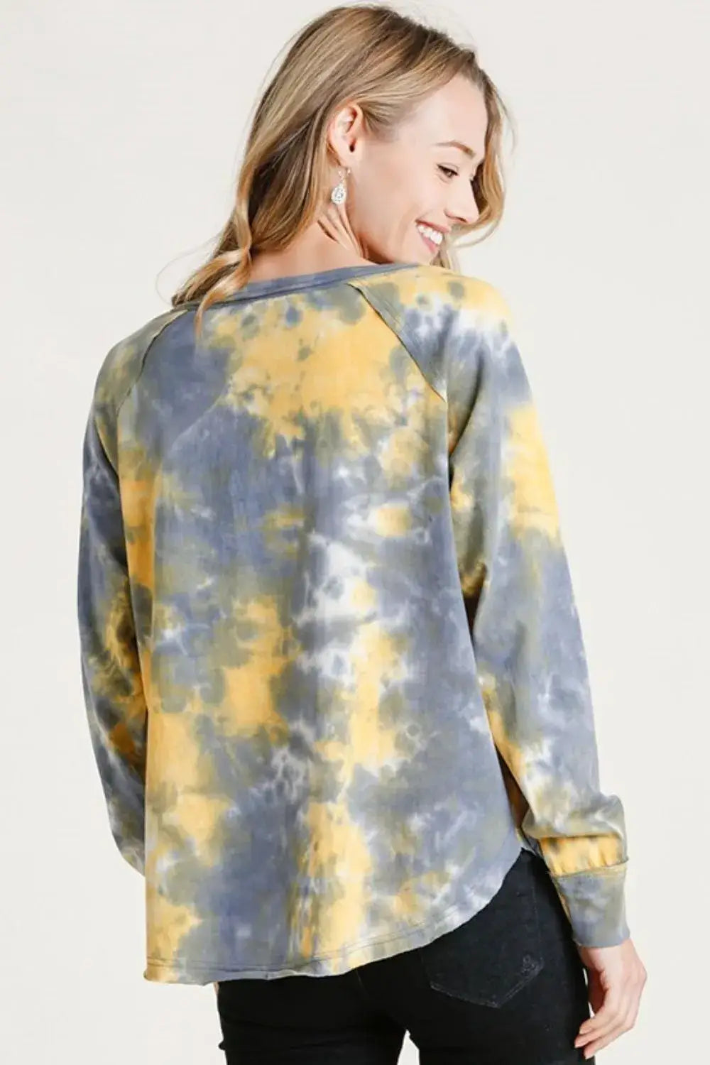 Umgee Full Size Tie Dye Button Front Long Raglan Sleeve Top Plus Size