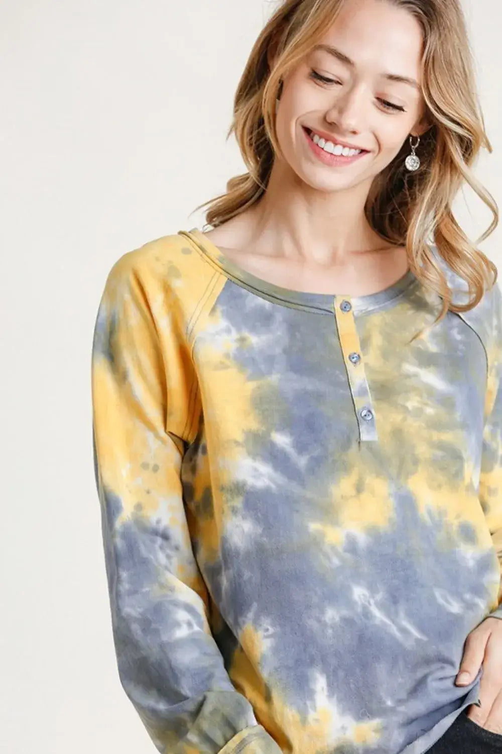 Umgee Full Size Tie Dye Button Front Long Raglan Sleeve Top Plus Size - YELLOW MIX / S