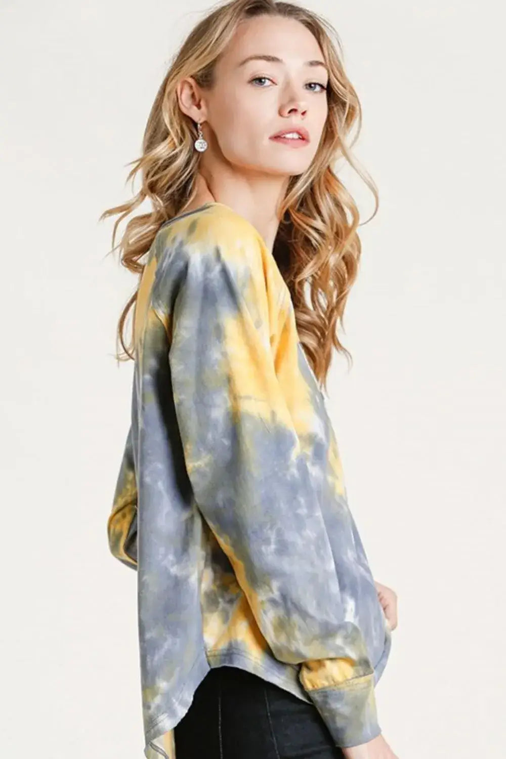 Umgee Full Size Tie Dye Button Front Long Raglan Sleeve Top Plus Size