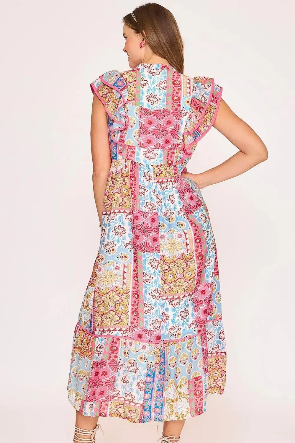 Umgee Full Size Tie Neck Double Layered Ruffle Sleeve Midi Dress Plus Size - dress