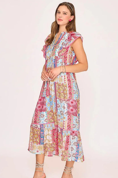 Umgee Full Size Tie Neck Double Layered Ruffle Sleeve Midi Dress Plus Size - dress