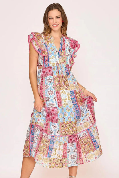 Umgee Full Size Tie Neck Double Layered Ruffle Sleeve Midi Dress Plus Size - PINK MIX / S - dress