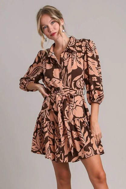 Umgee Full Size Two Tone Floral Print Puff Sleeve Tie Waist Dress Plus Size