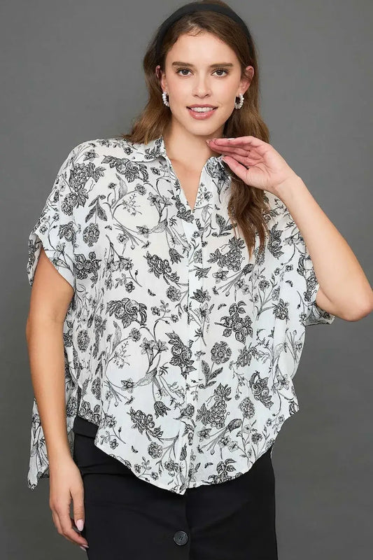 Umgee Full Size Two Tone Floral Print Top Plus Size - Black / S