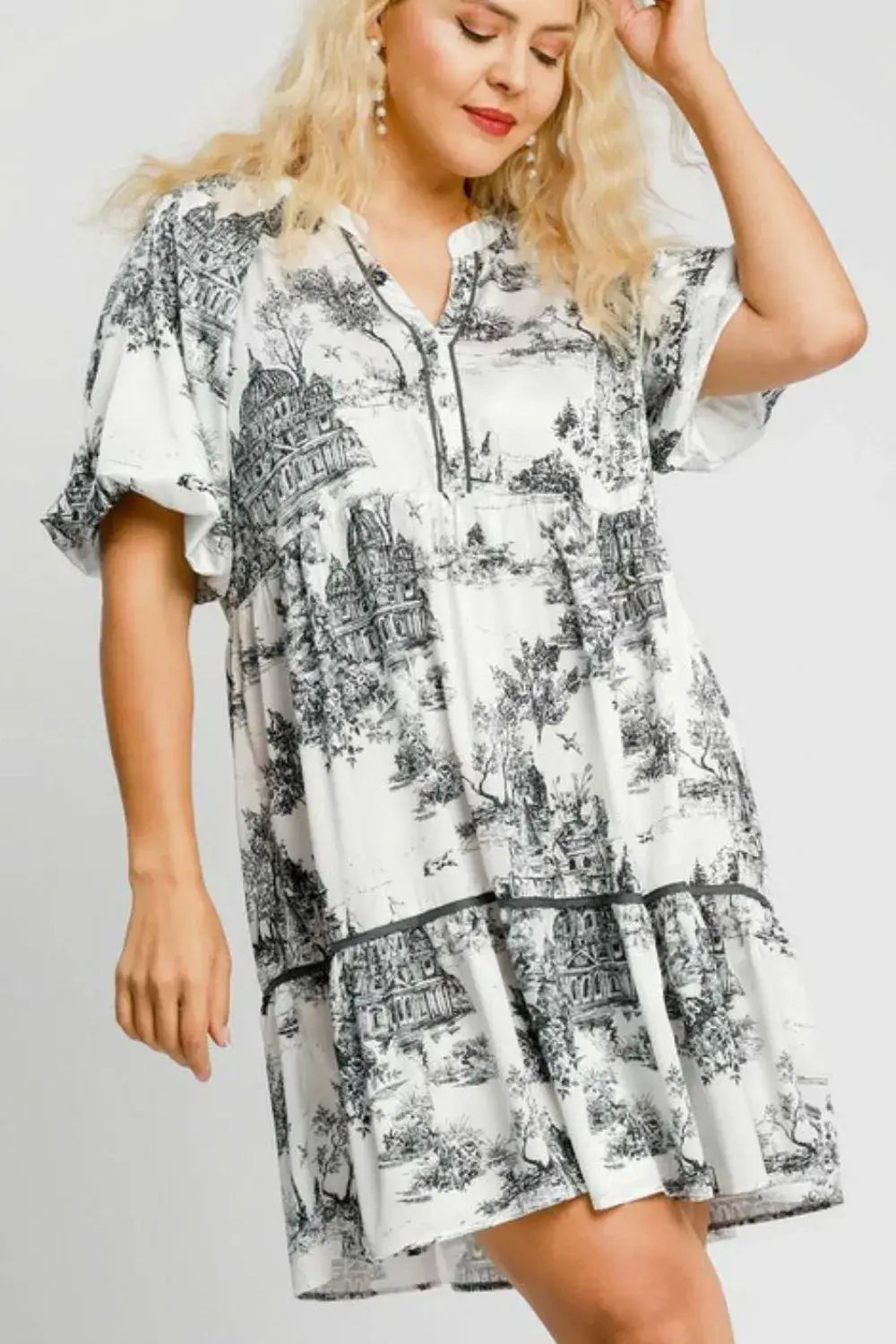 Umgee Full Size Two Tone Landscape Print Dress Plus Size