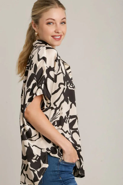 Umgee Full Size Two Tone Print Button Down Top with Hidden Plackets Plus Size