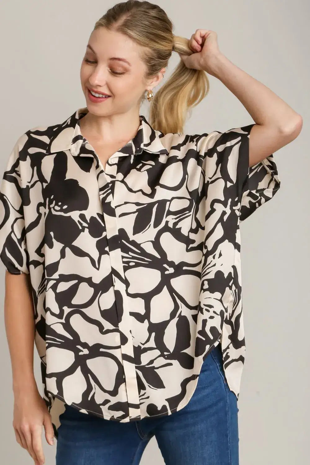 Umgee Full Size Two Tone Print Button Down Top with Hidden Plackets Plus Size