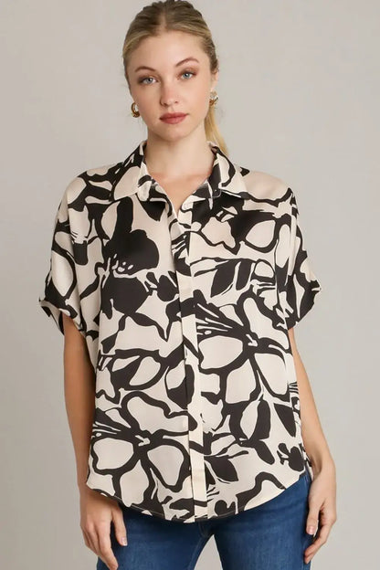 Umgee Full Size Two Tone Print Button Down Top with Hidden Plackets Plus Size - Black / S