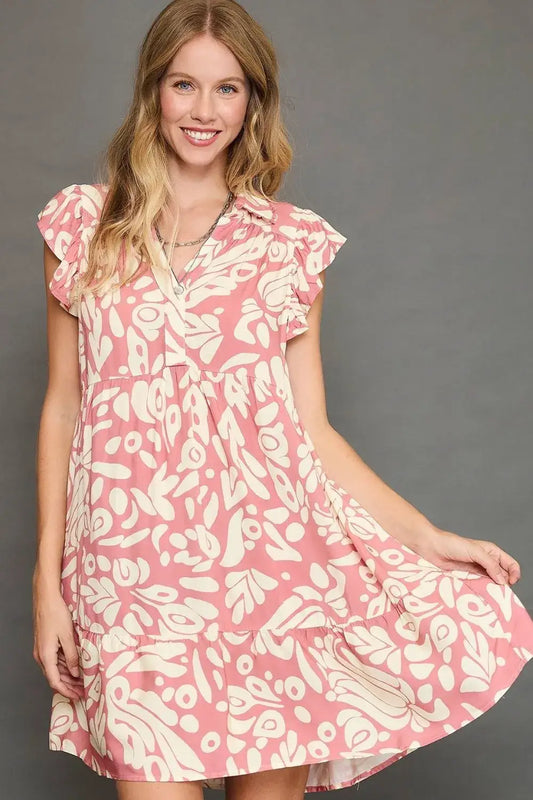 Umgee Full Size Two Tone Printed Ruffled Cap Sleeve Mini Dress Plus Size - Blush Pink / S - dress