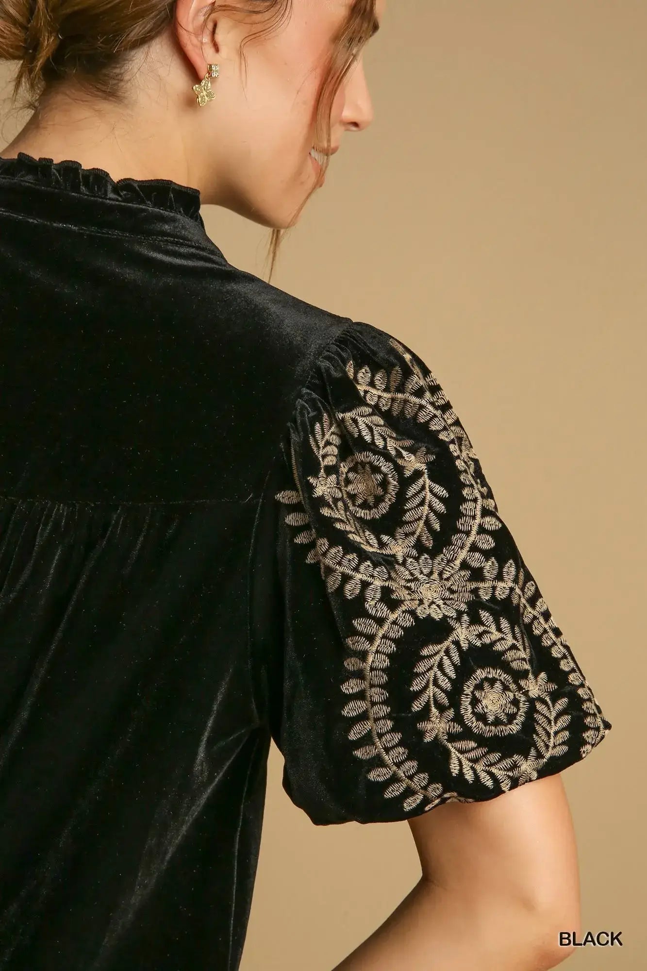 Umgee Full Size Velvet Embroidered Sleeve Blouse Plus Size - Embroidered Sleeve Blouse Plus Size