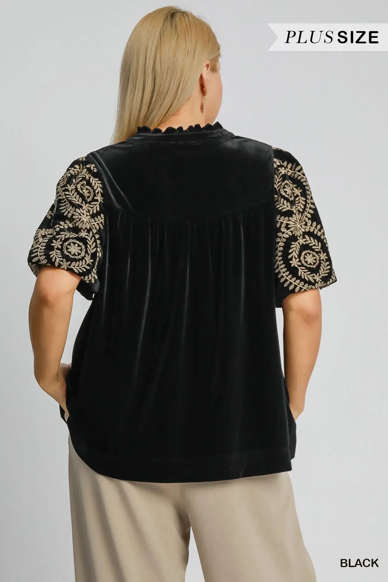 Umgee Full Size Velvet Embroidered Sleeve Blouse Plus Size - Embroidered Sleeve Blouse Plus Size
