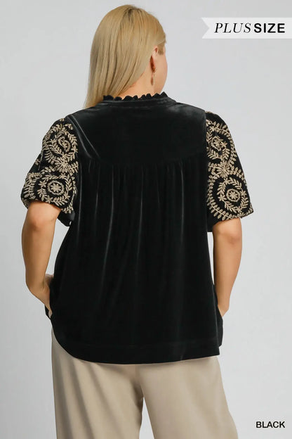 Umgee Full Size Velvet Embroidered Sleeve Blouse Plus Size - Embroidered Sleeve Blouse Plus Size