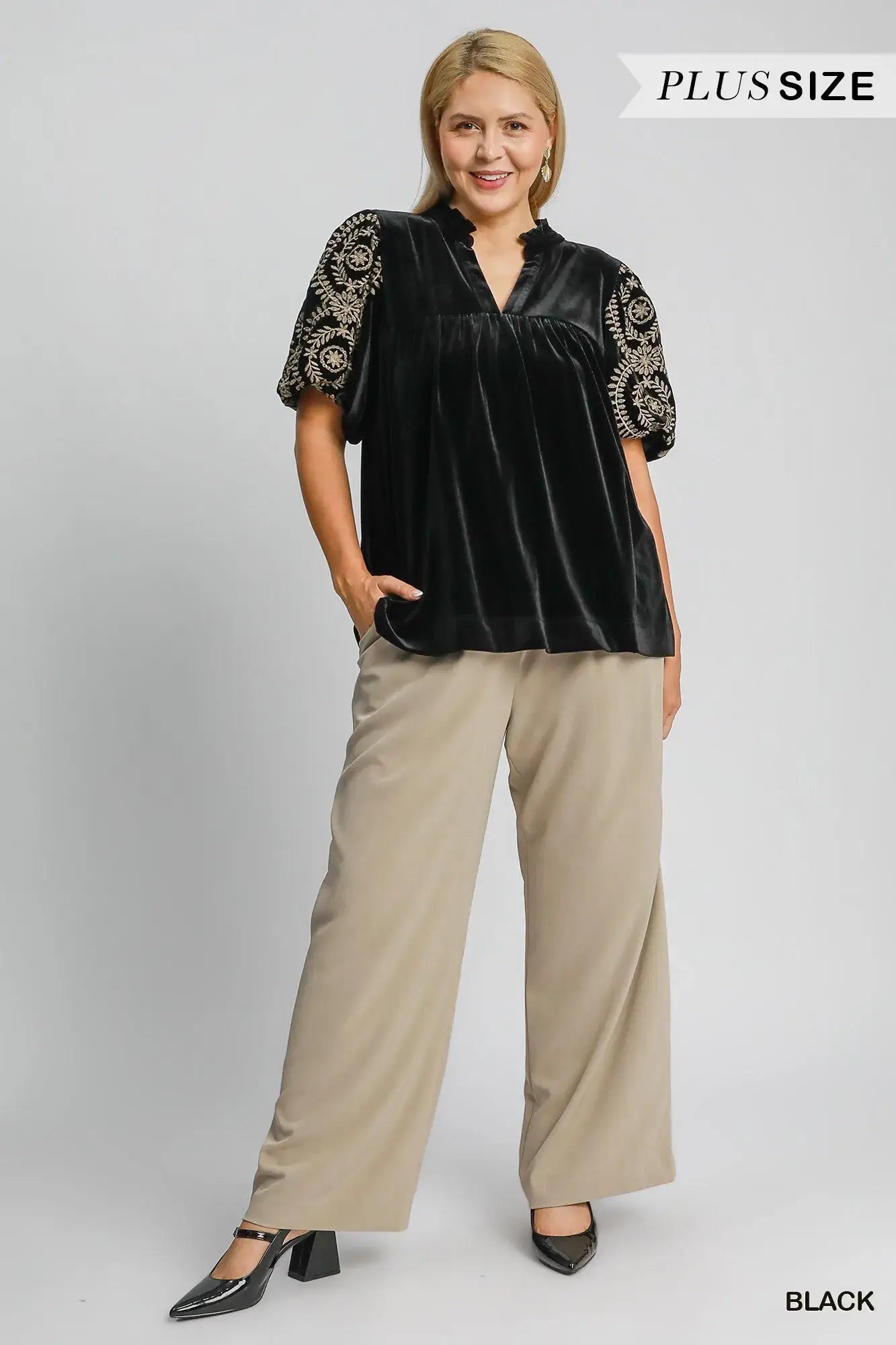 Umgee Full Size Velvet Embroidered Sleeve Blouse Plus Size - Embroidered Sleeve Blouse Plus Size