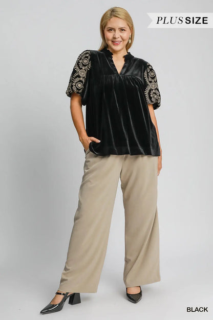 Umgee Full Size Velvet Embroidered Sleeve Blouse Plus Size - Embroidered Sleeve Blouse Plus Size