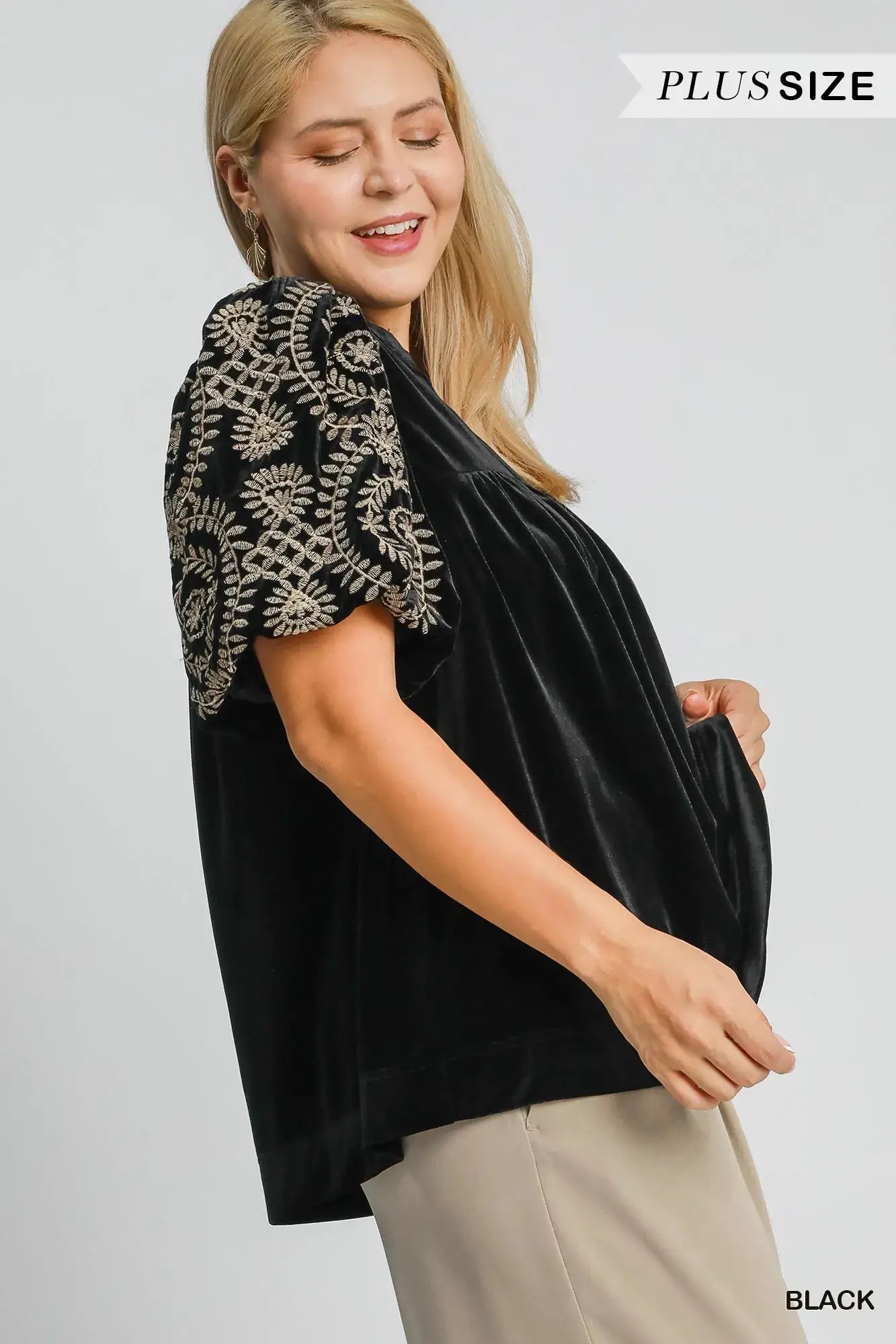 Umgee Full Size Velvet Embroidered Sleeve Blouse Plus Size - Embroidered Sleeve Blouse Plus Size