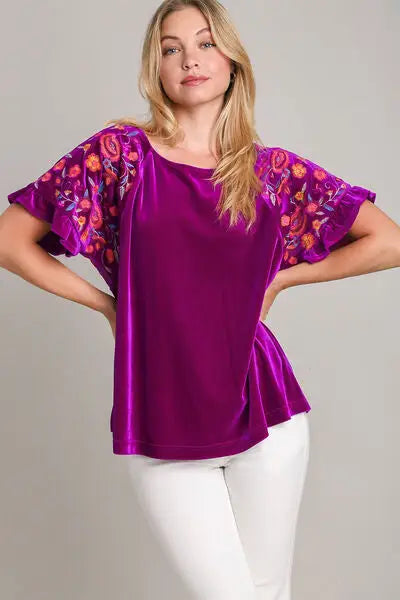 Vibrant magenta velvet embroidery short sleeve blouse with ruffled sleeves and floral embroidery