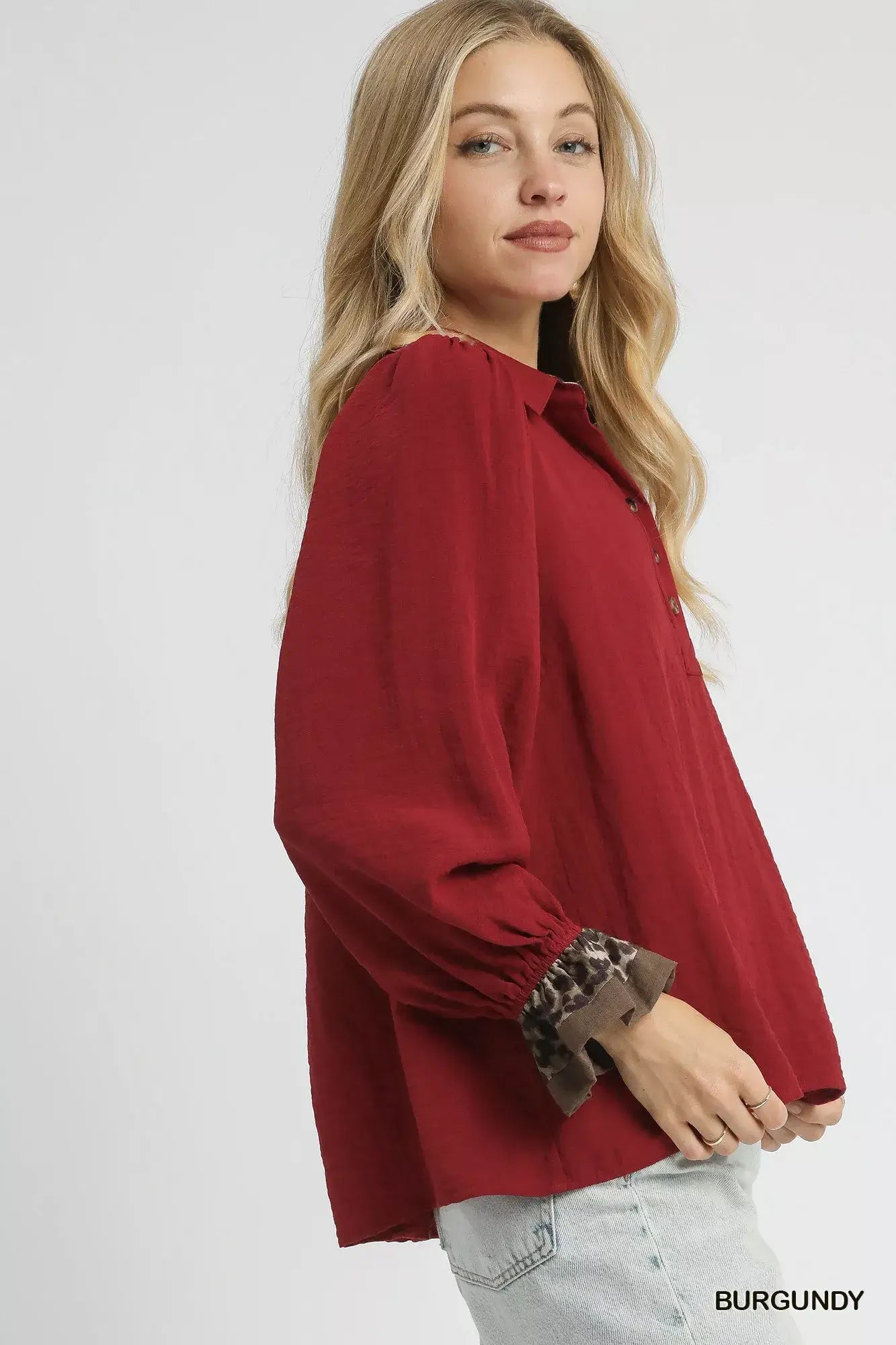 Umgee Half Button Blouse with Leopard Print Trim