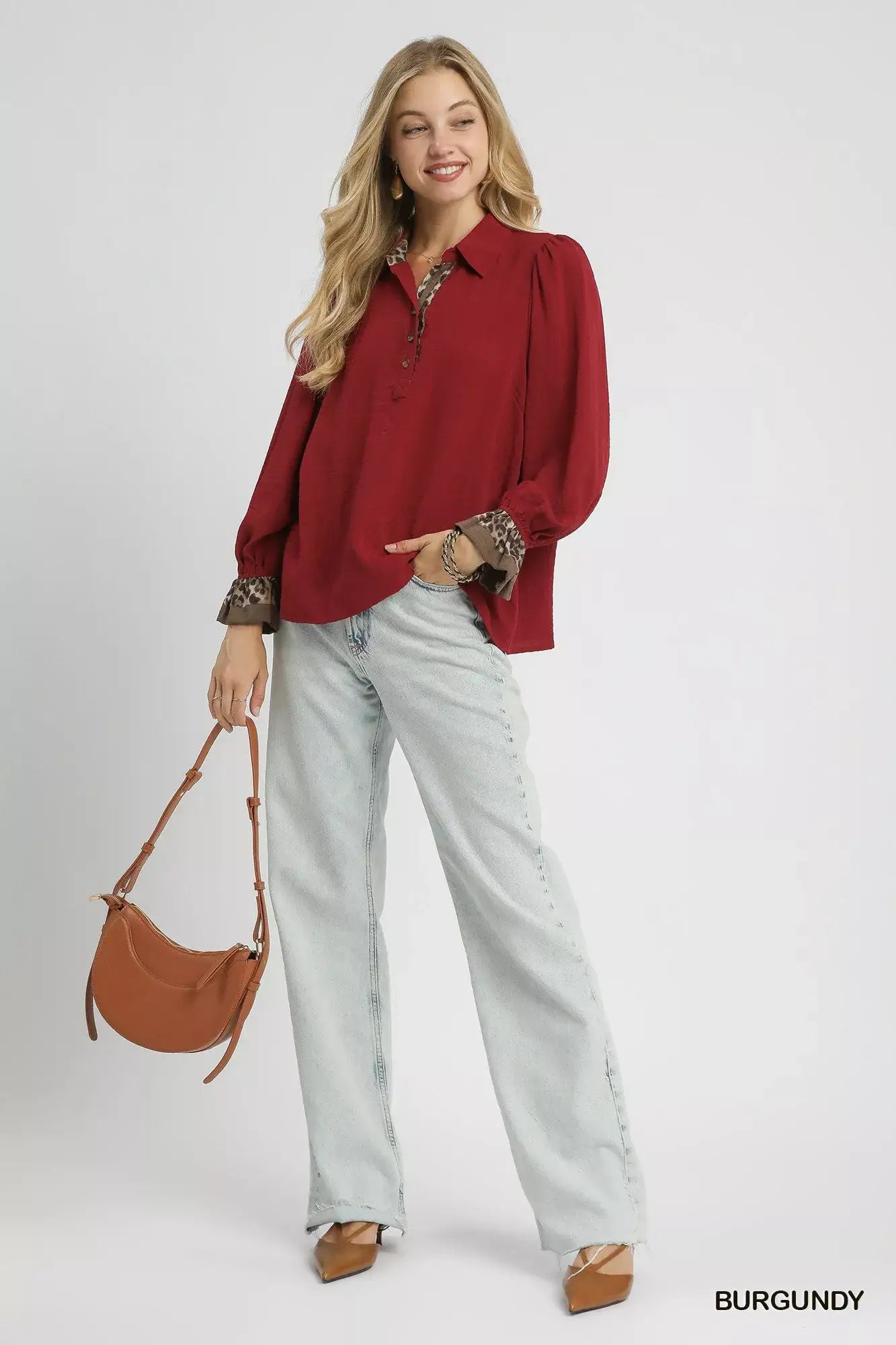 Umgee Half Button Blouse with Leopard Print Trim