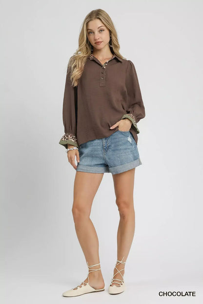 Umgee Half Button Blouse with Leopard Print Trim