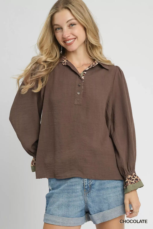 Umgee Half Button Blouse with Leopard Print Trim - CHOCOLATE / S