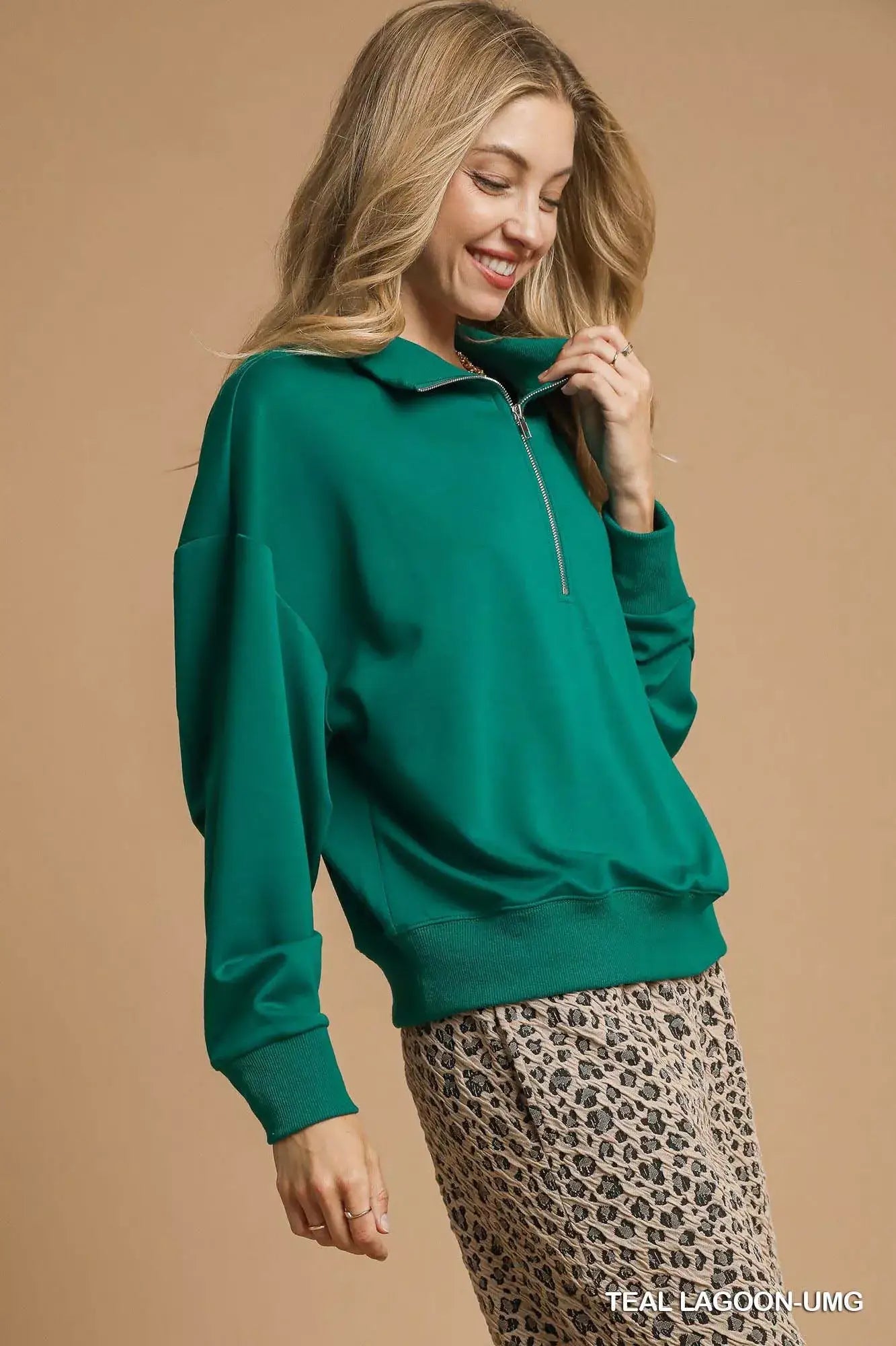 Umgee Half Zip Drop Shoulder Sweatshirt - Sweatshirt