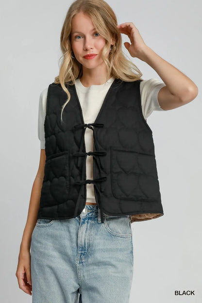 Umgee Heart Quilted Tie-Front Vest - Black / S - Tie-Front Vest