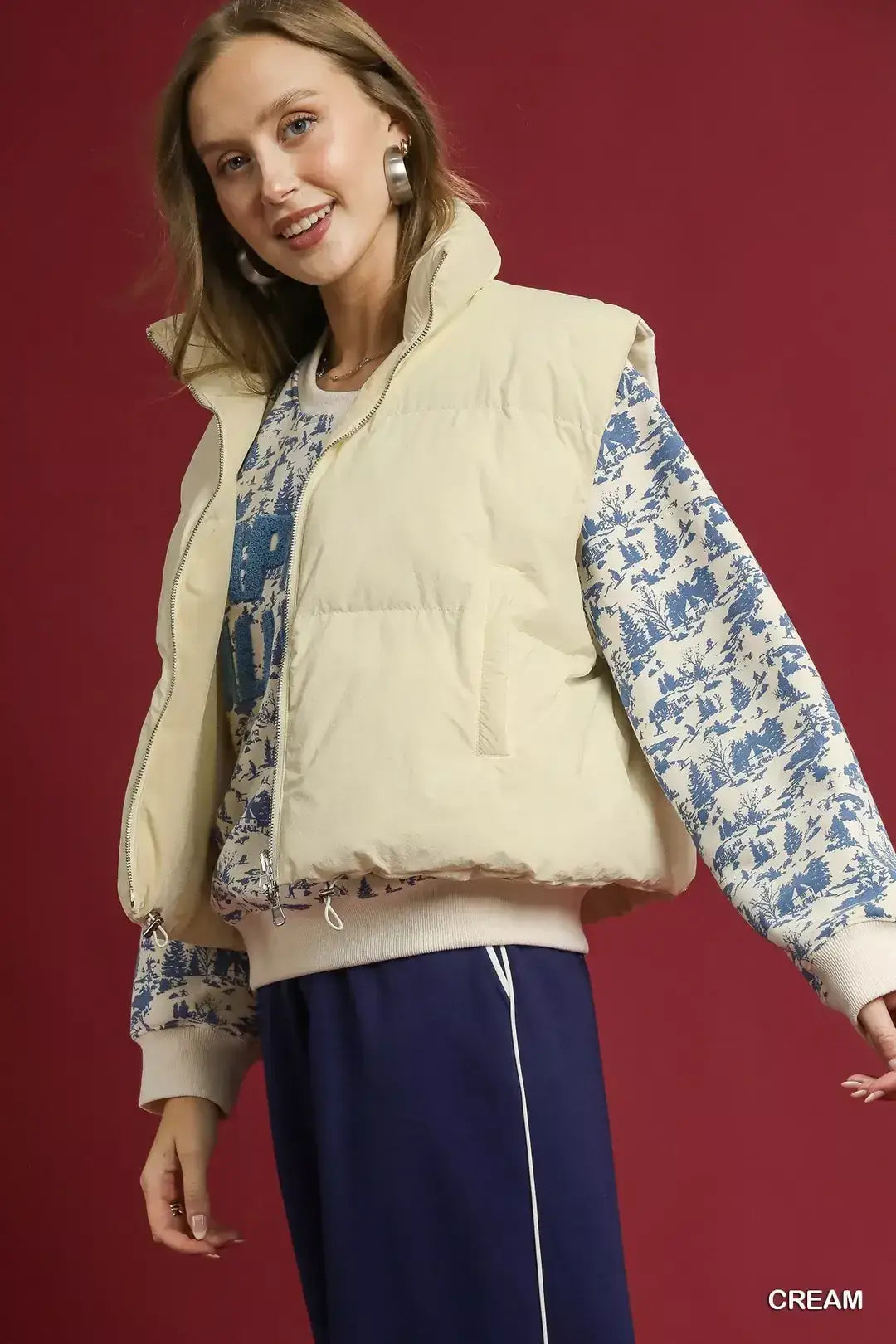 Umgee High Neck Puffer Vest with Zip Front