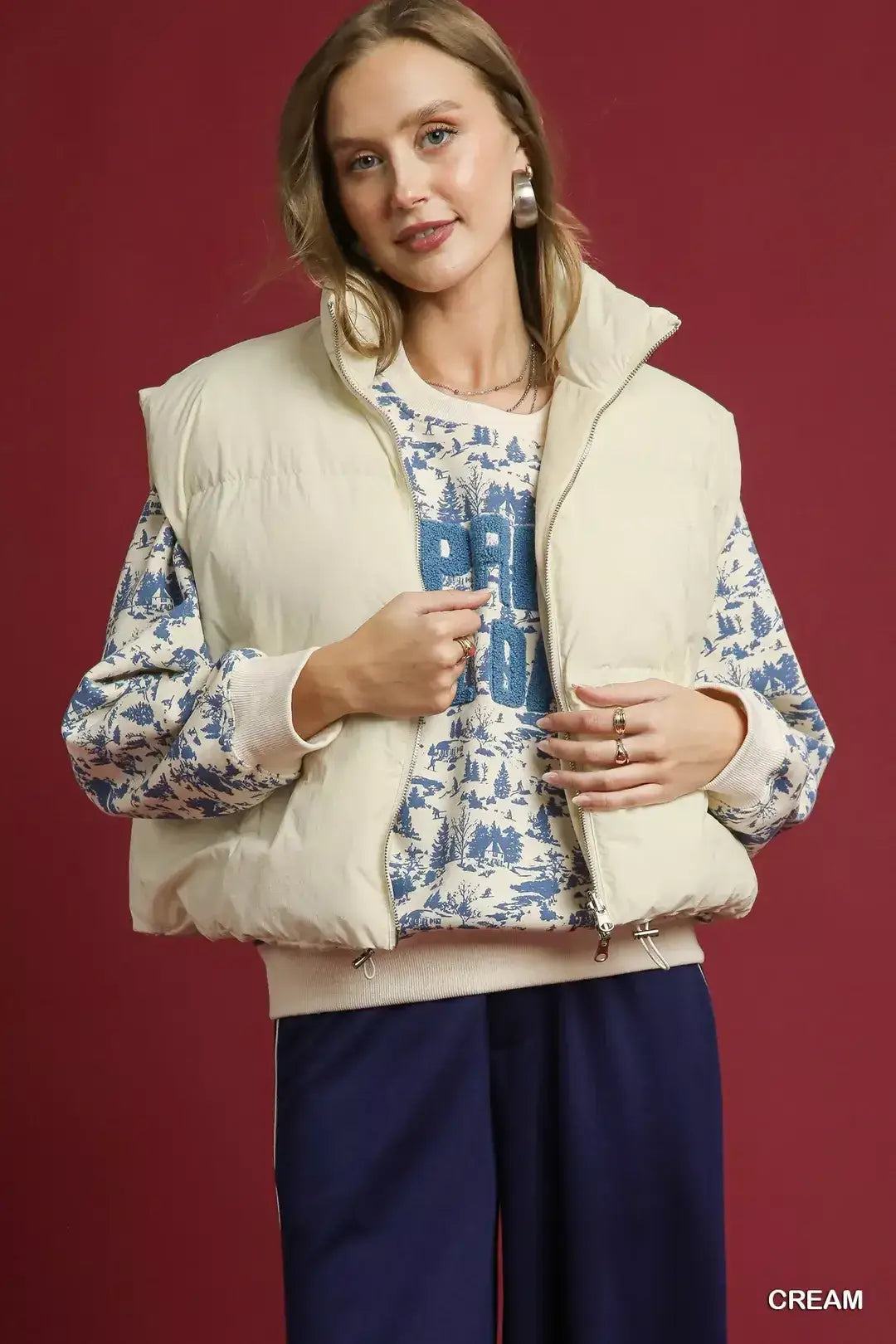 Umgee High Neck Puffer Vest with Zip Front