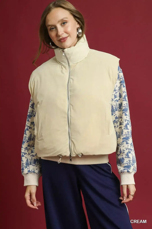 Umgee High Neck Puffer Vest with Zip Front - Cream / S