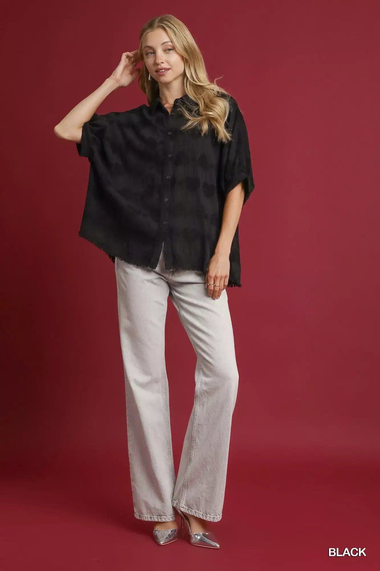 Umgee Jacquard Heart Collared Shirt - Heart Collared Shirt