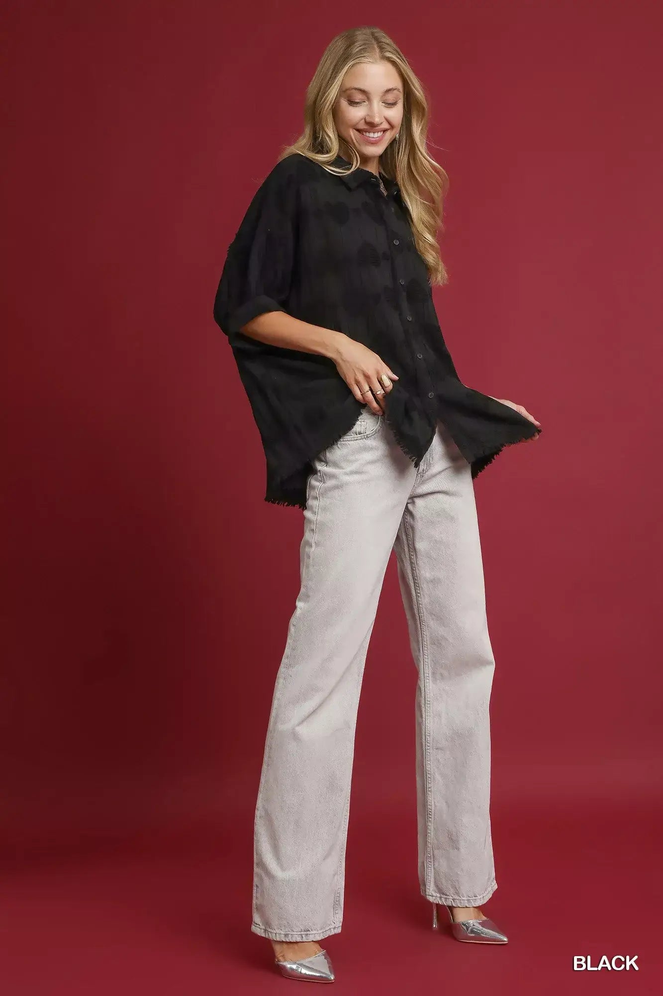 Umgee Jacquard Heart Collared Shirt - Heart Collared Shirt