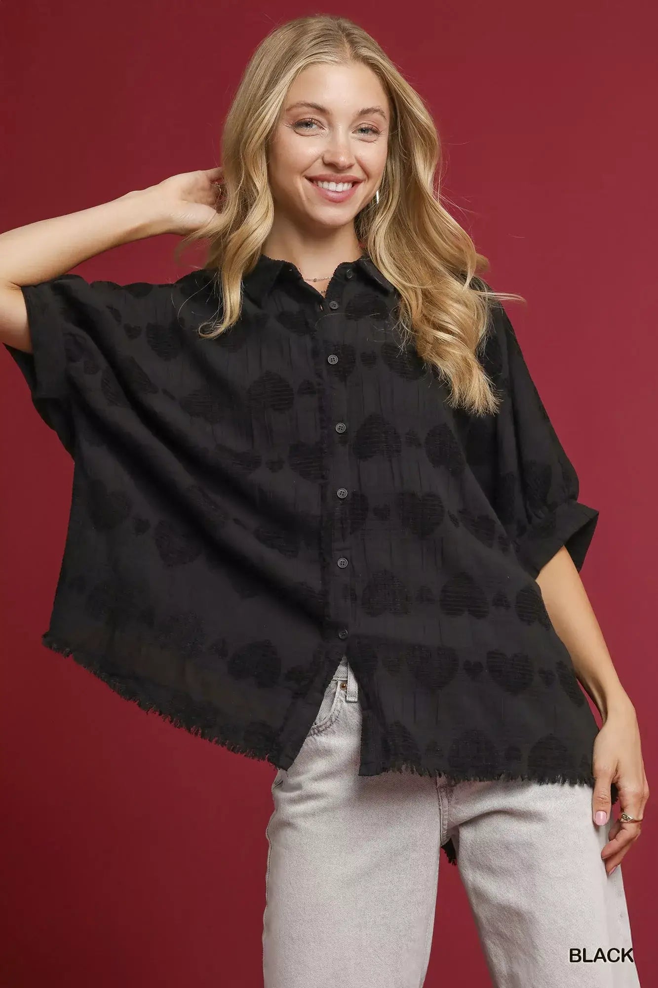 Umgee Jacquard Heart Collared Shirt - Black / S - Heart Collared Shirt