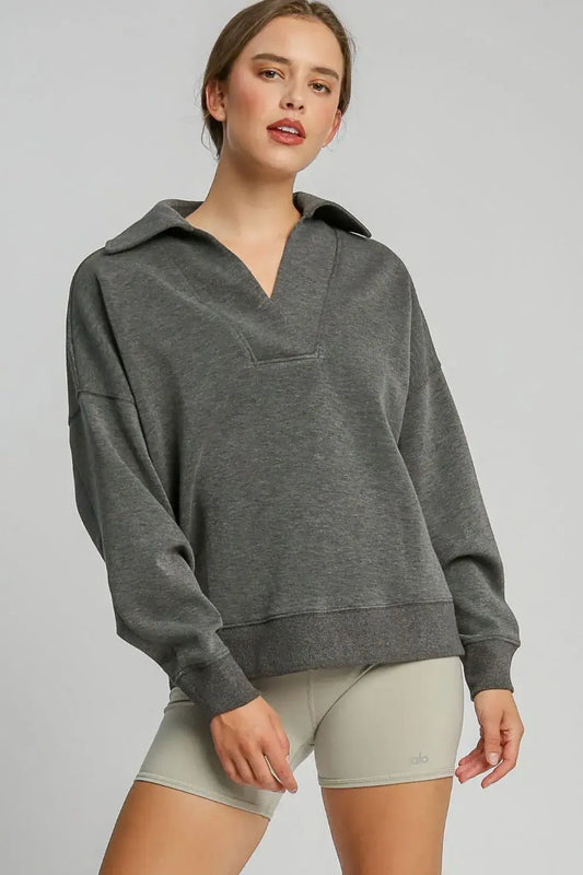 Umgee Johnny Collar Dropped Shoulder Sweatshirt - Charcoal / S