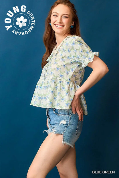 Umgee Lace Detail Bow Print Flounce Sleeve Blouse - Flounce Sleeve Blouse