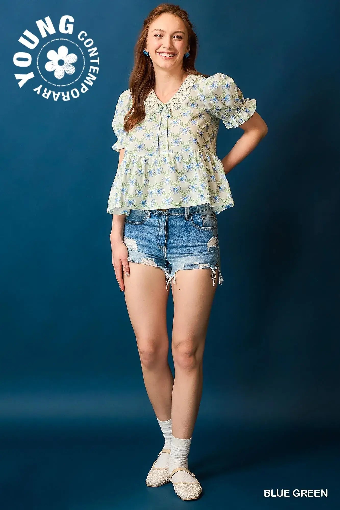 Umgee Lace Detail Bow Print Flounce Sleeve Blouse - Flounce Sleeve Blouse