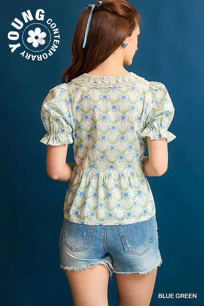 Umgee Lace Detail Bow Print Flounce Sleeve Blouse - Flounce Sleeve Blouse