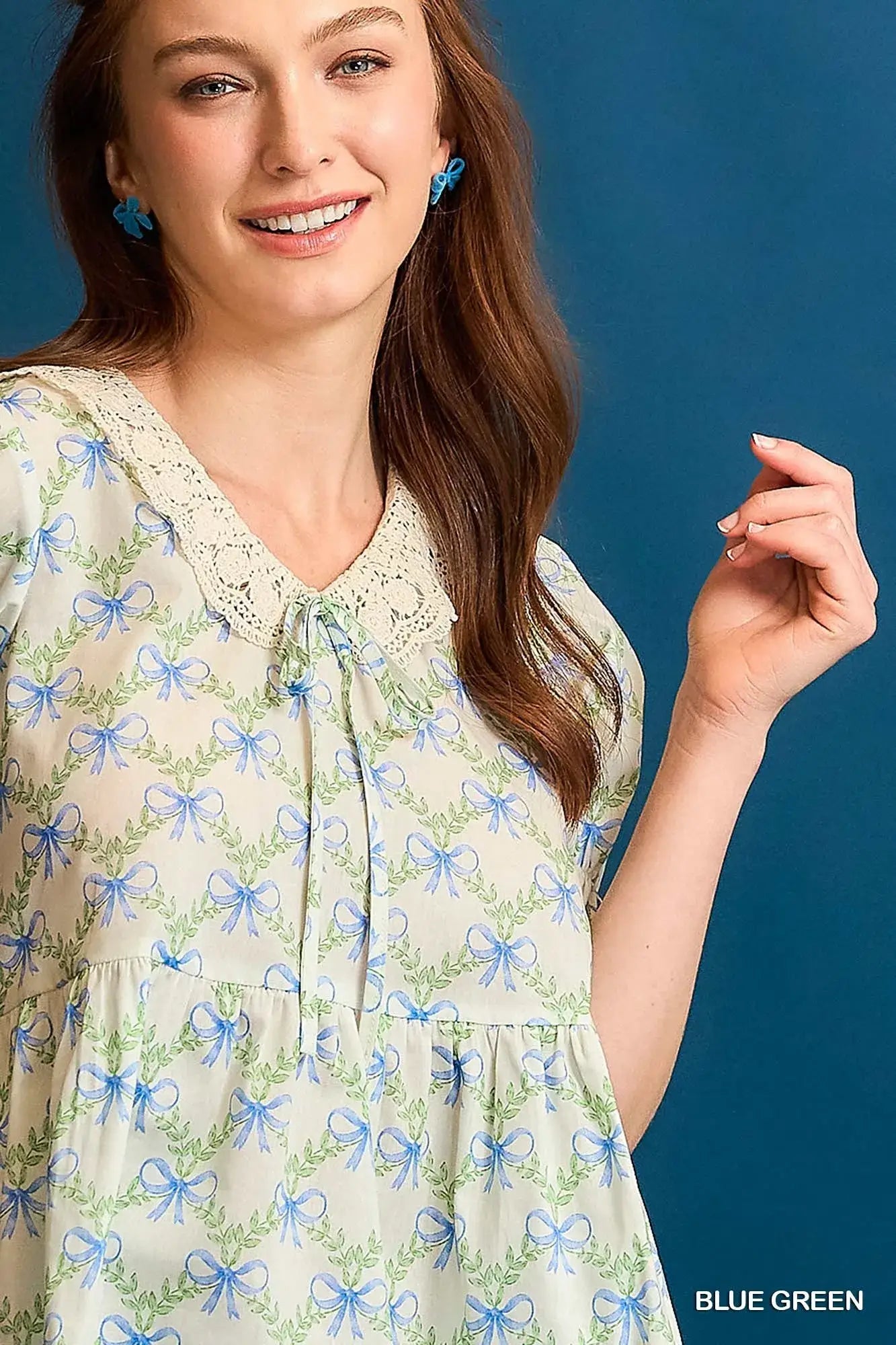 Umgee Lace Detail Bow Print Flounce Sleeve Blouse - Flounce Sleeve Blouse