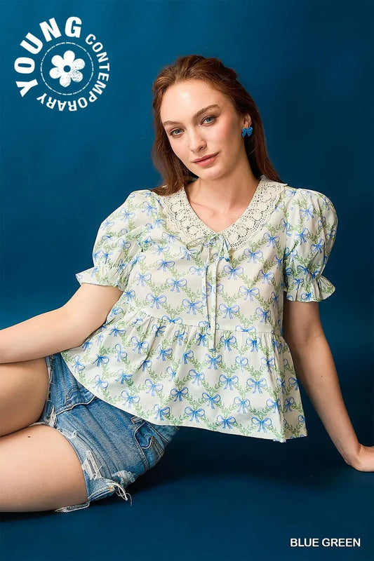 Umgee Lace Detail Bow Print Flounce Sleeve Blouse - BLUE/GREEN / S - Flounce Sleeve Blouse