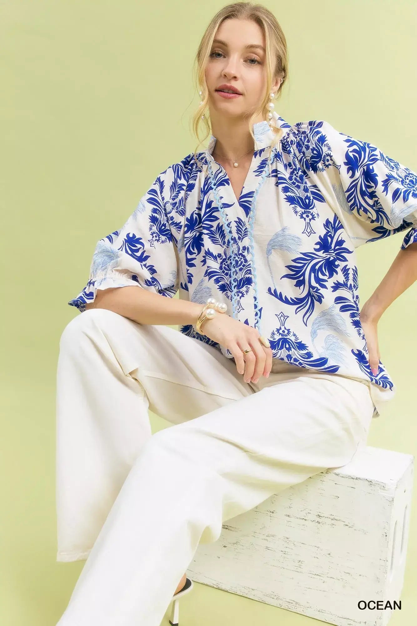 Umgee Leafy Damask Print Blouse with Contrast Scalloped Trim Detail - Print Blouse with Contrast Scalloped Trim