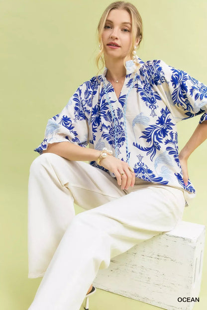Umgee Leafy Damask Print Blouse with Contrast Scalloped Trim Detail - Print Blouse with Contrast Scalloped Trim