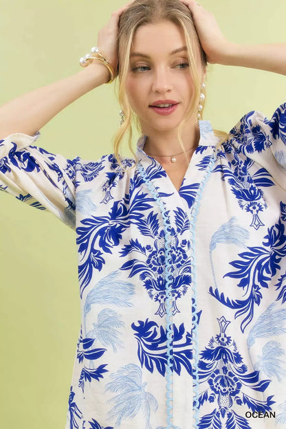 Umgee Leafy Damask Print Blouse with Contrast Scalloped Trim Detail - Print Blouse with Contrast Scalloped Trim