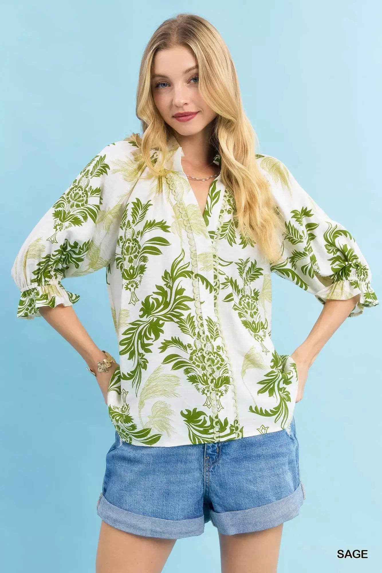 Umgee Leafy Damask Print Blouse with Contrast Scalloped Trim Detail - SAGE / S