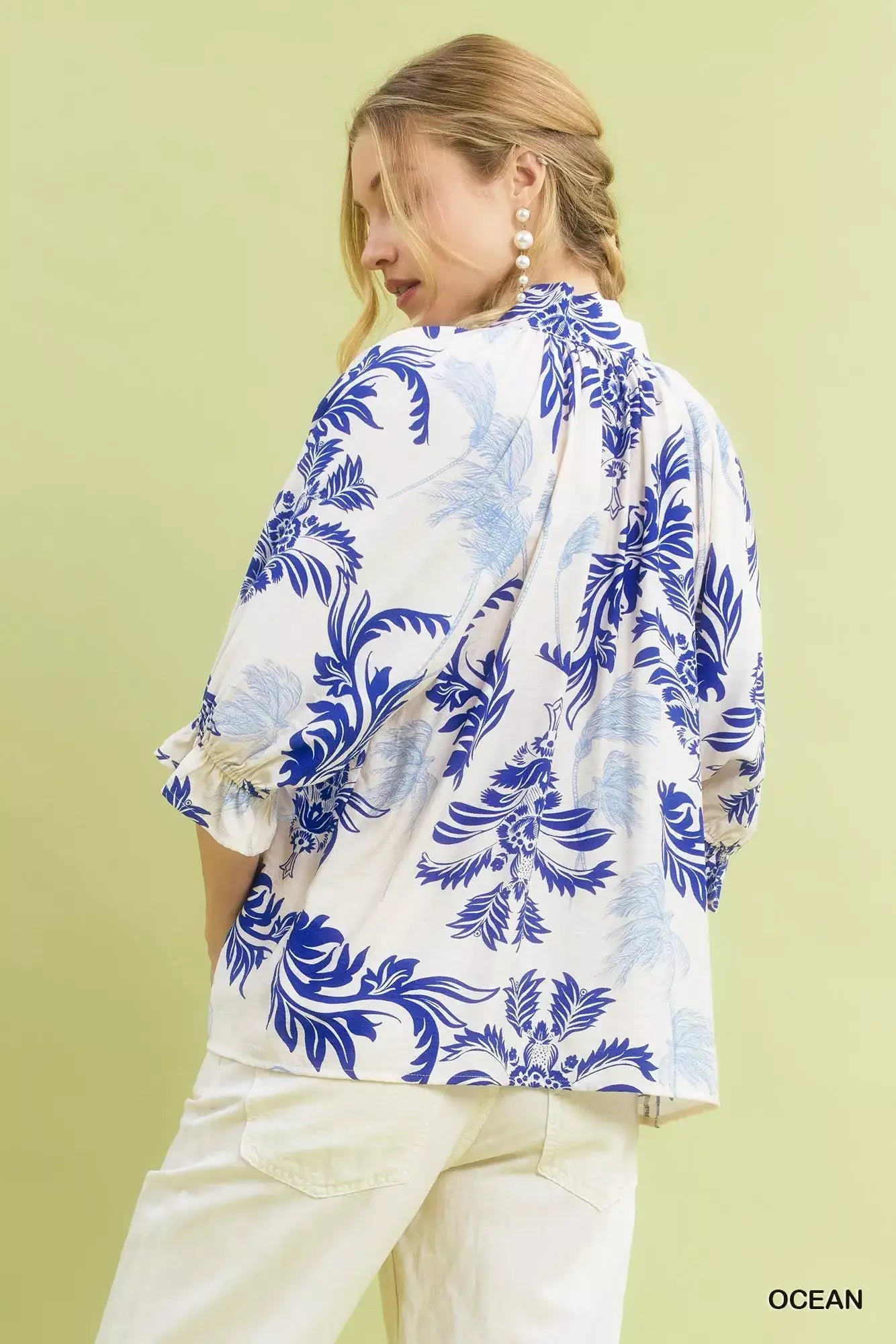 Umgee Leafy Damask Print Blouse with Contrast Scalloped Trim Detail - Print Blouse with Contrast Scalloped Trim