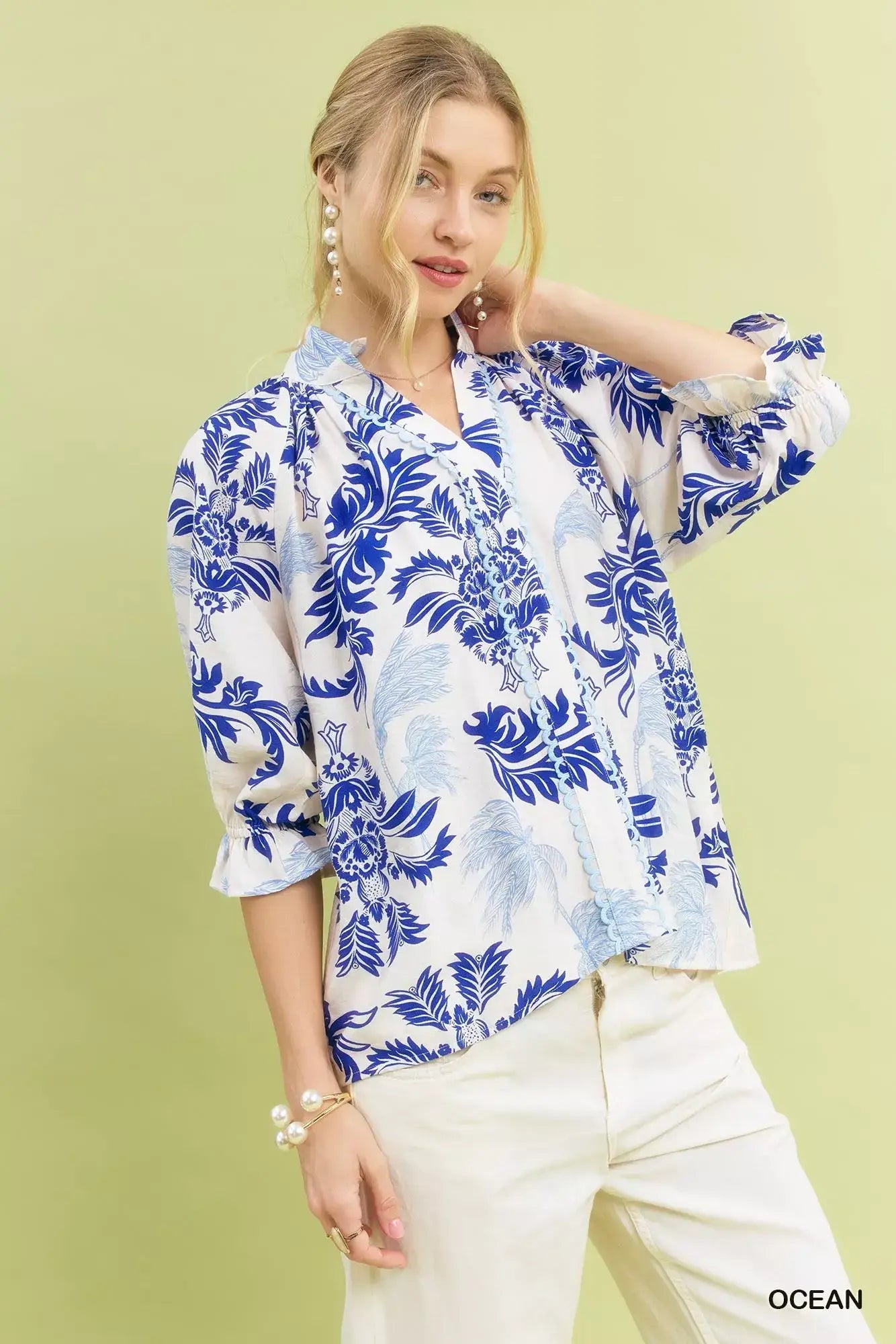 Umgee Leafy Damask Print Blouse with Contrast Scalloped Trim Detail - Print Blouse with Contrast Scalloped Trim