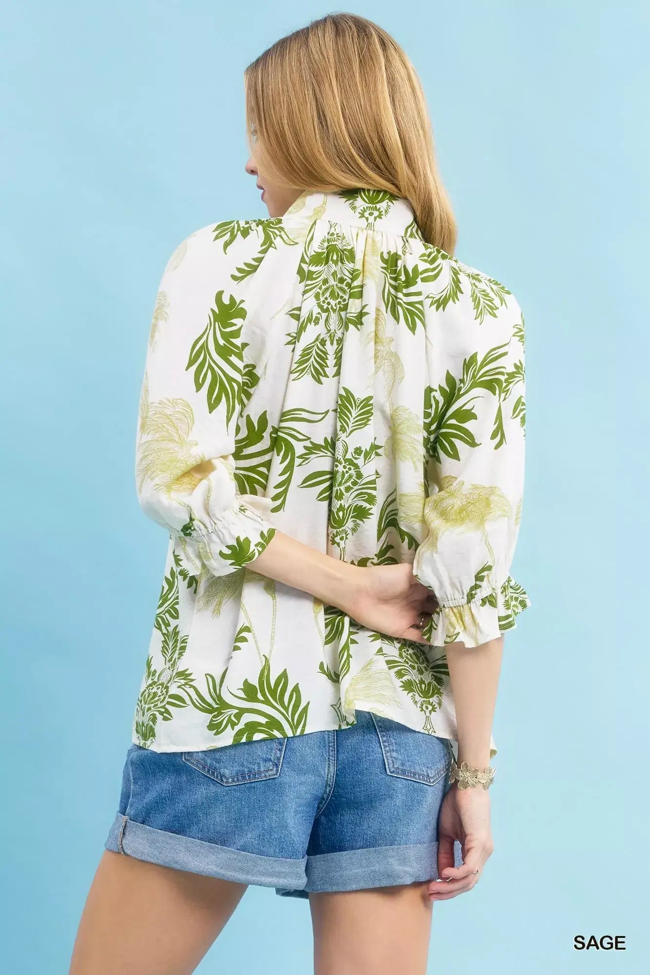 Umgee Leafy Damask Print Blouse with Contrast Scalloped Trim Detail