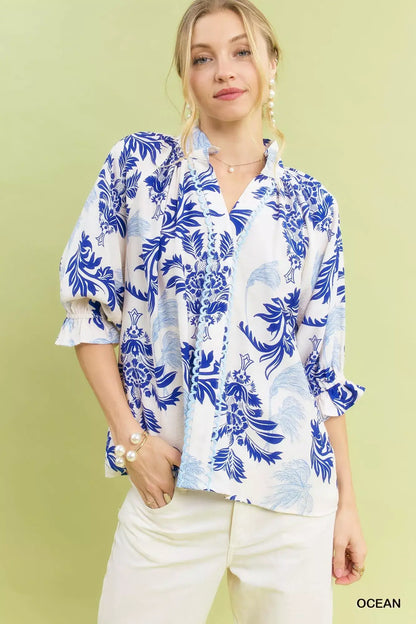 Umgee Leafy Damask Print Blouse with Contrast Scalloped Trim Detail - OCEAN / S - Print Blouse with Contrast Scalloped